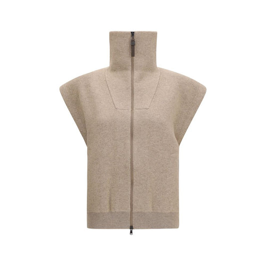 Cardigan by Brunello Cucinelli for women in polyamide cashmere & capra leather beige showcases a luxurious silhouette, meticulously detailed with a sophisticated high-collar neckline and short-sleeve for a refined finish.