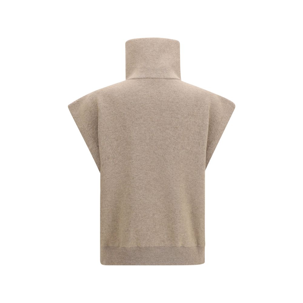 Cardigan by Brunello Cucinelli for women in polyamide cashmere & capra leather beige features a dramatic silhouette, showcasing a sophisticated high-collar neckline and dramatic detail for a timeless, premium look.