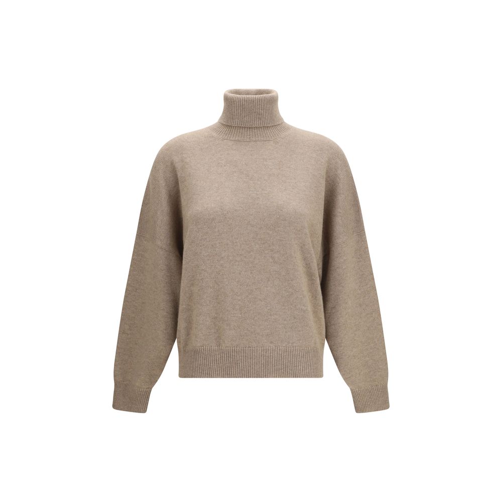 Sweater by Brunello Cucinelli for women in cashmere & capra leather brown features an tactile silhouette, showcasing a sophisticated turtle neckline and tactile for a refined finish.