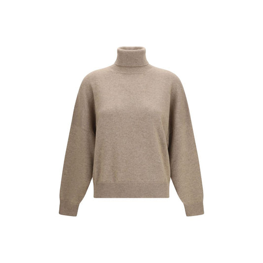 Sweater by Brunello Cucinelli for women in cashmere & capra leather brown features an tactile silhouette, showcasing a sophisticated turtle neckline and tactile for a refined finish.