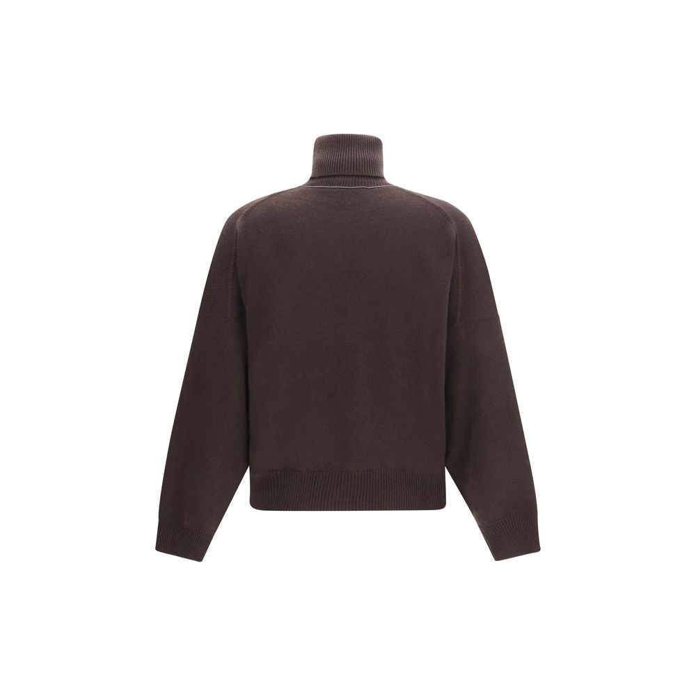 Sweater by Brunello Cucinelli for women in cashmere & capra leather brown features an polished silhouette, showcasing refined and a sophisticated turtle neckline for a truly polished finish.