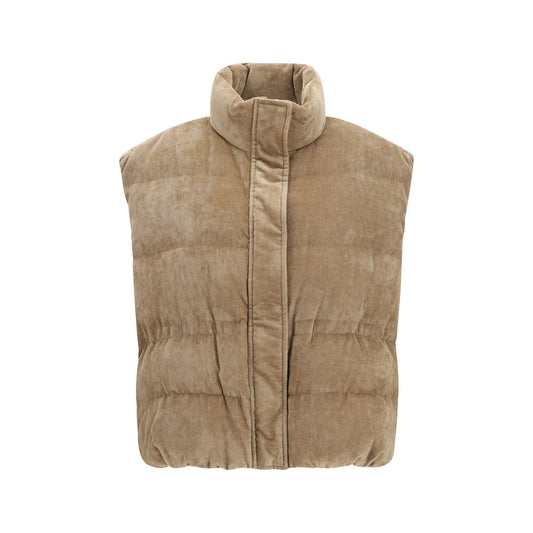 Vest by Brunello Cucinelli for women in cashmere & viscose beige showcases a utilitarian silhouette, artfully incorporating pockets & insulated and a utilitarian stand-collar high-neck neckline for a truly utilitarian finish.