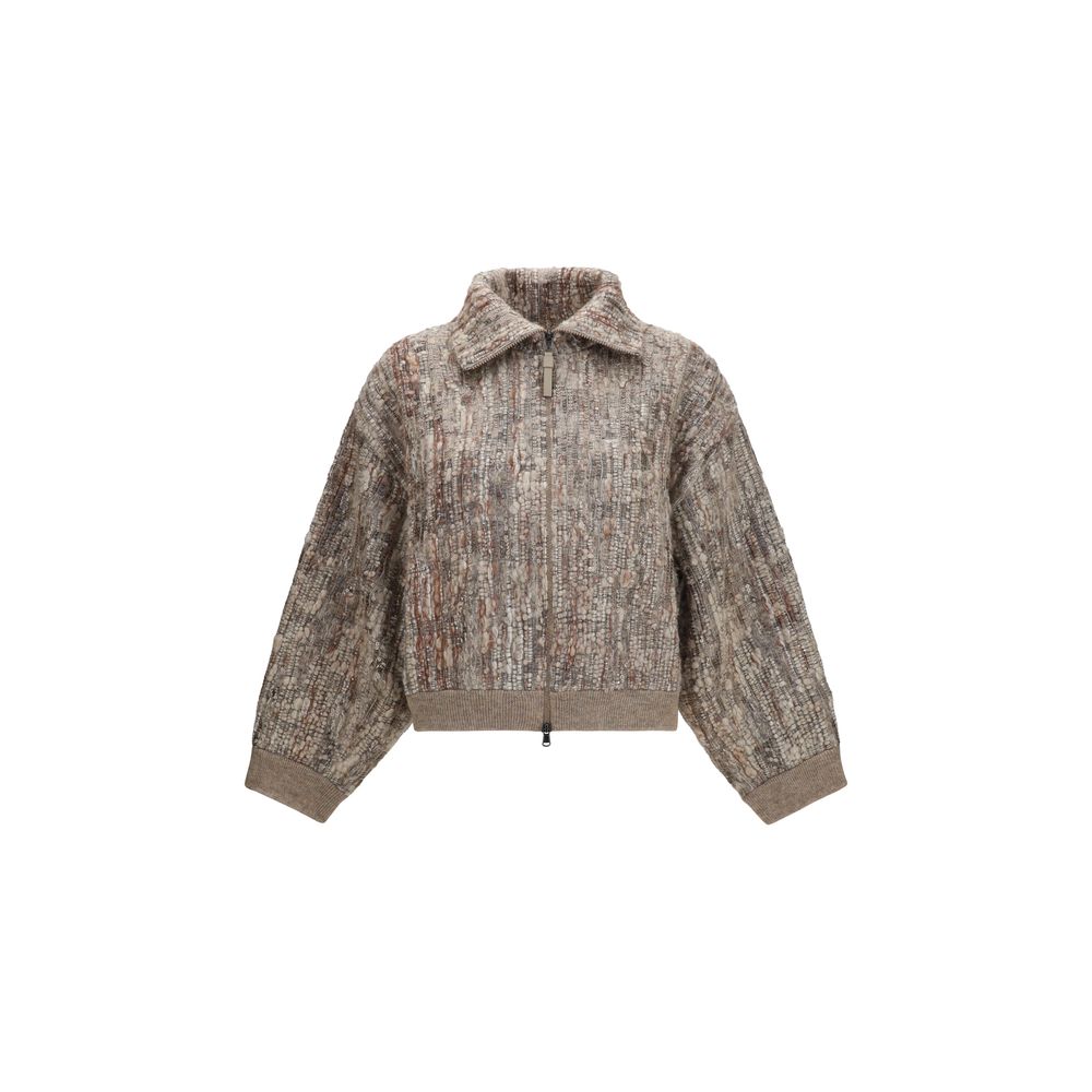Hooded Cardigan by Brunello Cucinelli for women in mohair polyamide & polyester beige features an crisp silhouette, showcasing a sophisticated hooded neckline and long-sleeve detail for a truly crisp finish.