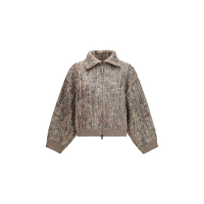 Hooded Cardigan by Brunello Cucinelli for women in mohair polyamide & polyester beige features an crisp silhouette, showcasing a sophisticated hooded neckline and long-sleeve detail for a truly crisp finish.