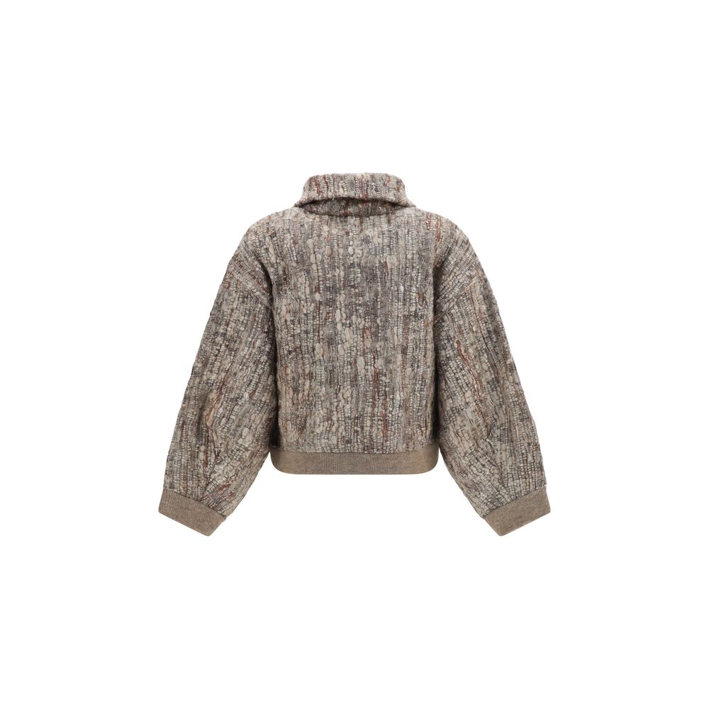 Hooded Cardigan by Brunello Cucinelli for women in mohair polyamide & polyester beige presents a textural silhouette, artfully finished with a textural hooded neckline and for a sophisticated, textural look.