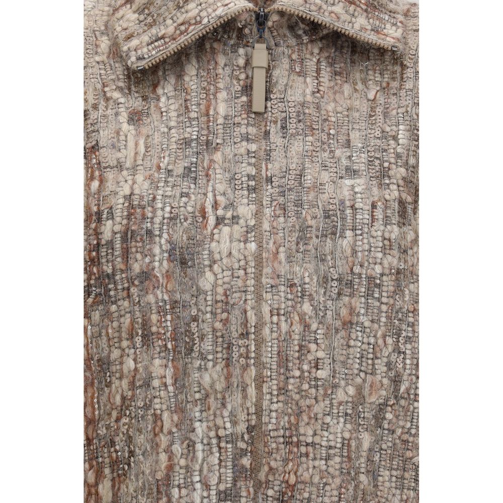 Hooded Cardigan by Brunello Cucinelli for women in mohair polyamide & polyester beige features a dramatic silhouette, showcasing a sophisticated and dramatic detail for a timeless, premium look.