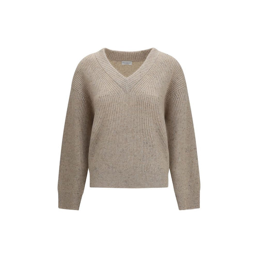 Sweatshirt by Brunello Cucinelli for women in cashmere mohair & merino wool beige features an provocated silhouette, detailed with a provocated and a refined v-neck neckline for a sophisticated aesthetic.
