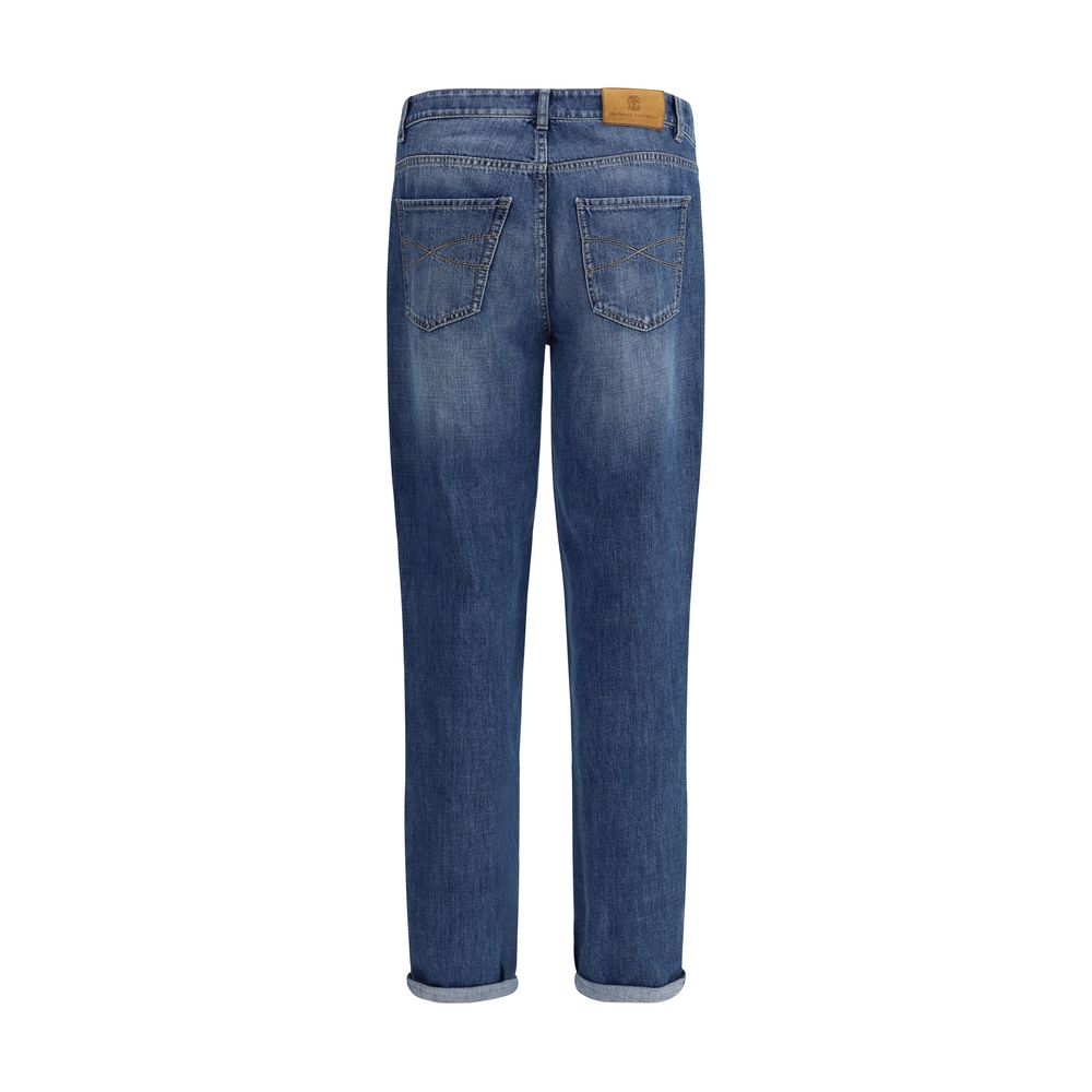 Jeans by Brunello Cucinelli for men in cotton denim blue & signature features an sophisticated and straight-leg & regular-fit with a precise long, creating a sophisticated and sophisticated silhouette.