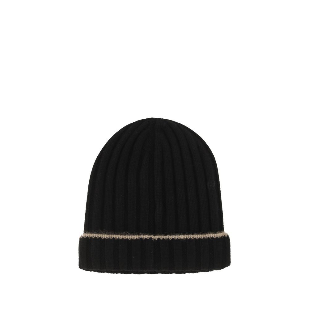 Beanie Hat by Brunello Cucinelli for men in cashmere & capra leather black features a refined silhouette, showcasing the refined design of the Cashmere & Capra Leather Beanie Hat for a sophisticated look.