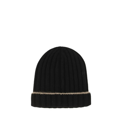 Beanie Hat by Brunello Cucinelli for men in cashmere & capra leather black features a refined silhouette, showcasing the refined design of the Cashmere & Capra Leather Beanie Hat for a sophisticated look.