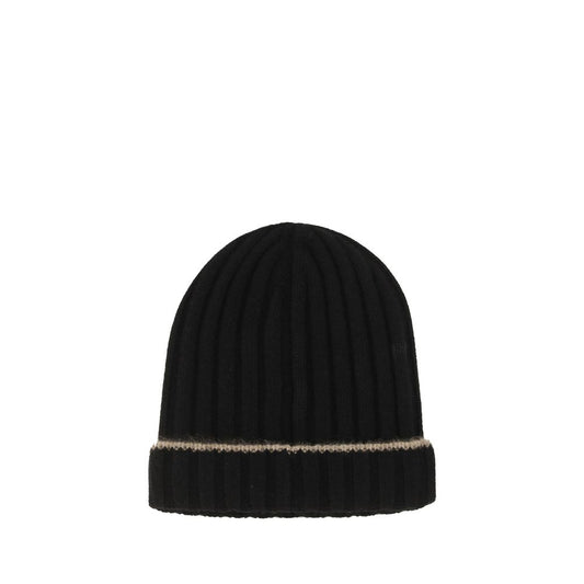 Beanie Hat by Brunello Cucinelli for men in cashmere & capra leather black features a refined silhouette, showcasing the refined design of the Cashmere & Capra Leather Beanie Hat for a sophisticated look.