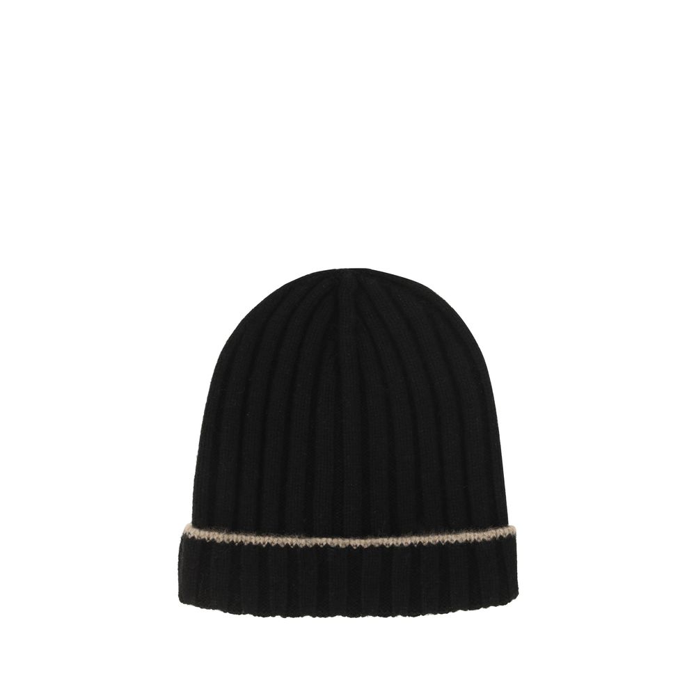 Beanie Hat by Brunello Cucinelli for men in cashmere & capra leather black features a athleisure-luxe silhouette, artfully capturing the essence of the athleisure-luxe Cashmere & Capra Leather Beanie Hat design for a sophisticated look.