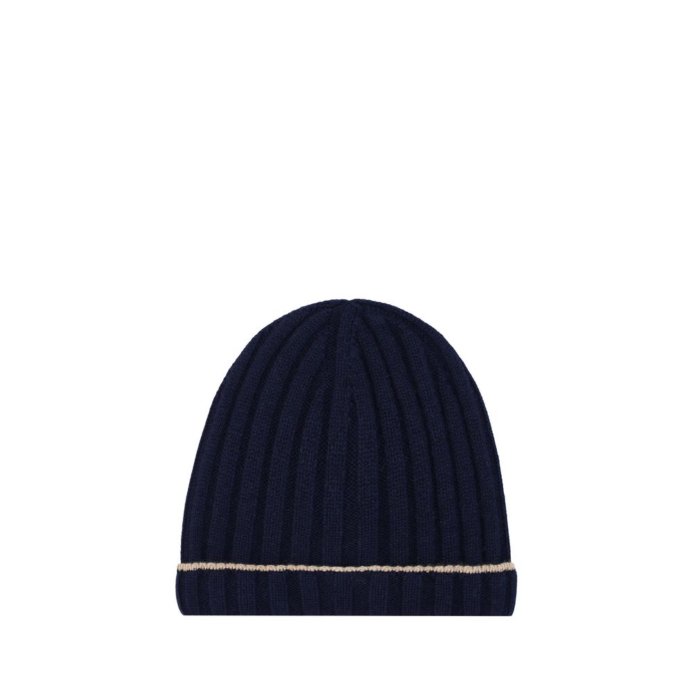 Beanie Hat by Brunello Cucinelli for men in cashmere & capra leather blue features a refined luxury silhouette, artfully capturing the essence of the refined luxury Cashmere & Capra Leather Beanie Hat design for a sophisticated, premium look.