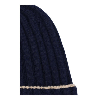 Beanie Hat by Brunello Cucinelli for men in cashmere & capra leather blue presents a urban-chic silhouette, artfully capturing the essence of the urban-chic Cashmere & Capra Leather Beanie Hat design for a sophisticated look.
