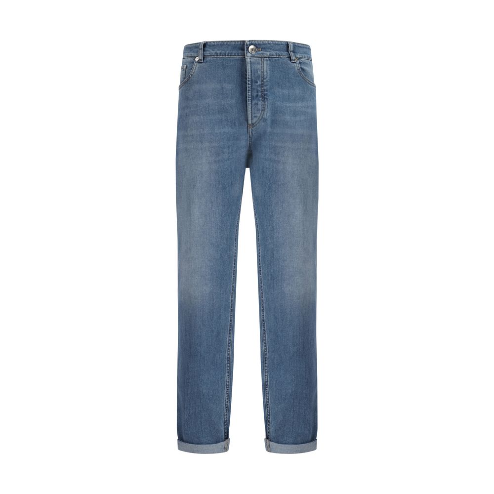 Jeans by Brunello Cucinelli for men in stretch denim cotton blue, signature & print presents a refined pantology silhouette, artfully defined by a refined pantology straight-leg & regular-fit, long, and a sophisticated .