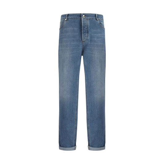 Jeans by Brunello Cucinelli for men in stretch denim cotton blue, signature & print presents a refined pantology silhouette, artfully defined by a refined pantology straight-leg & regular-fit, long, and a sophisticated .