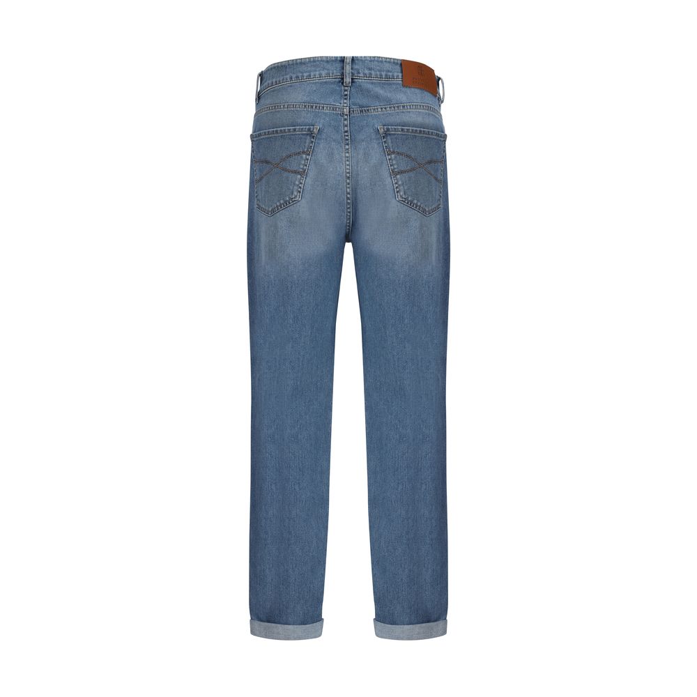 Jeans by Brunello Cucinelli for men in stretch denim cotton blue, signature & print features an sophisticated and straight-leg & regular-fit with a precise long, creating a sophisticated and sophisticated silhouette.