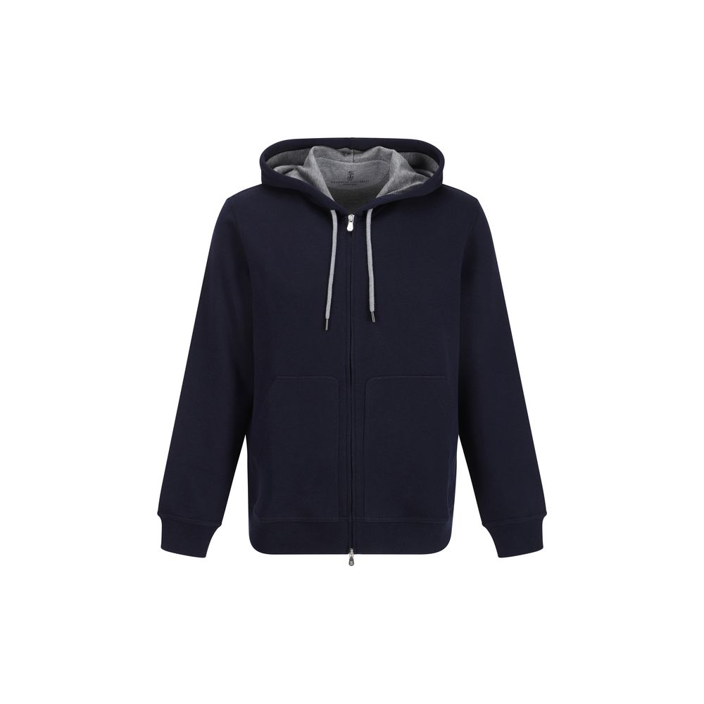 Sweatshirt Hoodie by Brunello Cucinelli for men in polyamide silk cotton & capra leather blue features an dramatic silhouette, showcasing a sophisticated hooded neckline and dramatic for a refined, modern aesthetic.