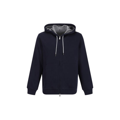 Sweatshirt Hoodie by Brunello Cucinelli for men in polyamide silk cotton & capra leather blue features an dramatic silhouette, showcasing a sophisticated hooded neckline and dramatic for a refined, modern aesthetic.