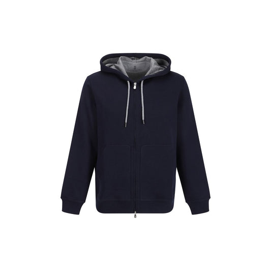 Sweatshirt Hoodie by Brunello Cucinelli for men in polyamide silk cotton & capra leather blue features an dramatic silhouette, showcasing a sophisticated hooded neckline and dramatic for a refined, modern aesthetic.