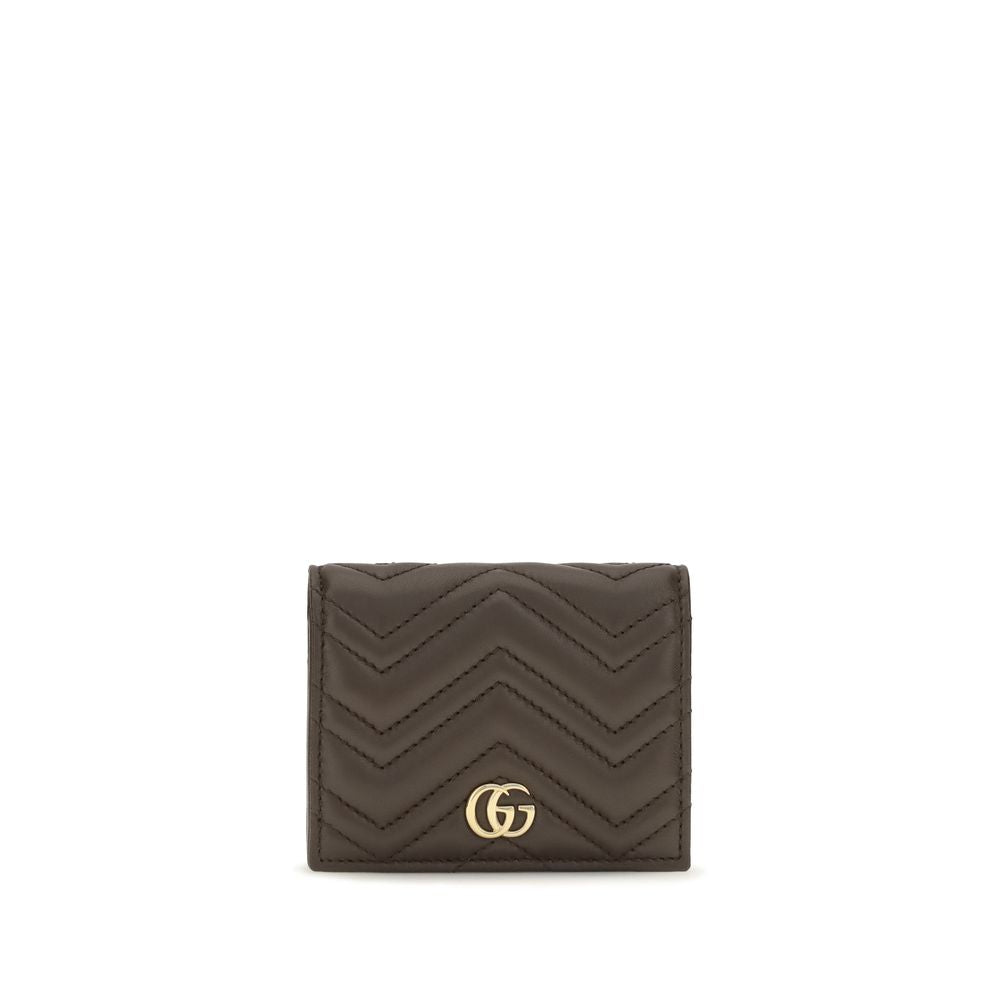 Cardholder Wallet by Gucci for women in bos taurus calf nappa leather brown, gold, patterned & chevron showcases a enchanting silhouette, artfully detailed with the signature style of the Gg Marmont Bos Taurus Calf Nappa Leather Cardholder Wallet and functional card-organization.