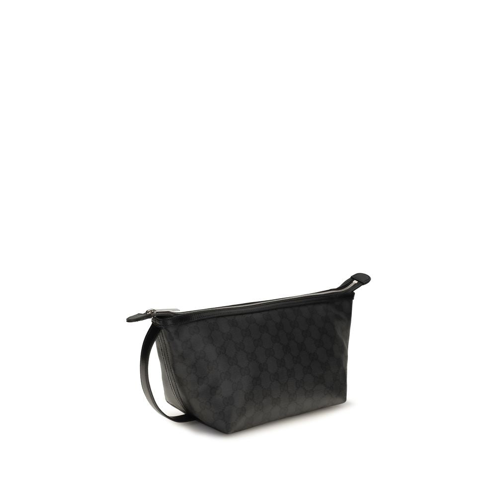Mini Drawstring Clutch Handbag by Gucci for women in leather black showcases a sculptural silhouette, featuring a secure zipper, ample , and versatile handle & wristlet for a sculptural aesthetic.