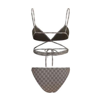 Bikini by Gucci for women in stretch polyester beige & print presents a provocative silhouette, artfully capturing the essence of the provocative Gg Women's Stretch Polyester Bikini design for a sophisticated look.