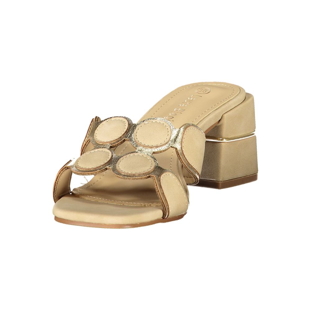 Mid-Heel Sandals by Laura Biagiotti for women in polyurethane beige presents a sculptural silhouette, showcasing the Women's Polyurethane Mid-Heel Sandals design with a sculptural 5-cm-heel mid-heel and for a premium look.