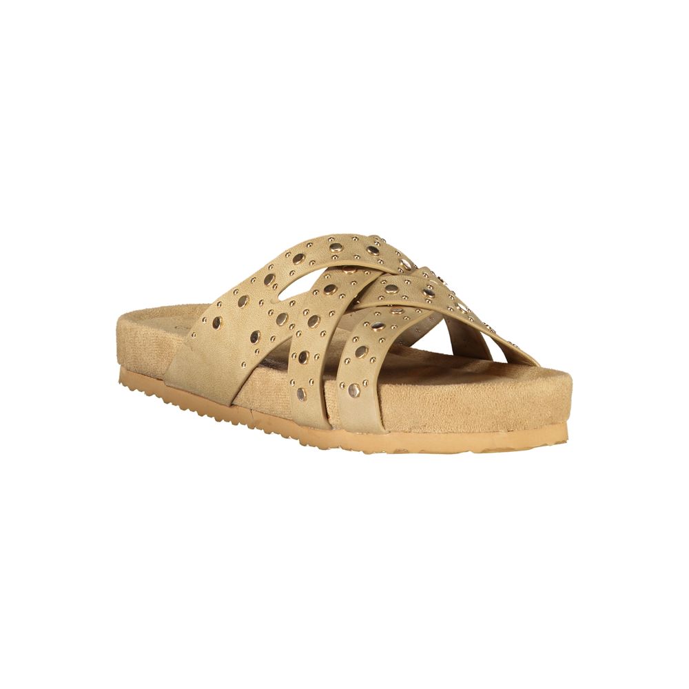 Flat Sandals by Laura Biagiotti for women in polyester & polyurethane beige features an architectural design from the Aren Women's Polyester & Polyurethane Flat Sandals collection, defined by a architectural flat and for a architectural finish.