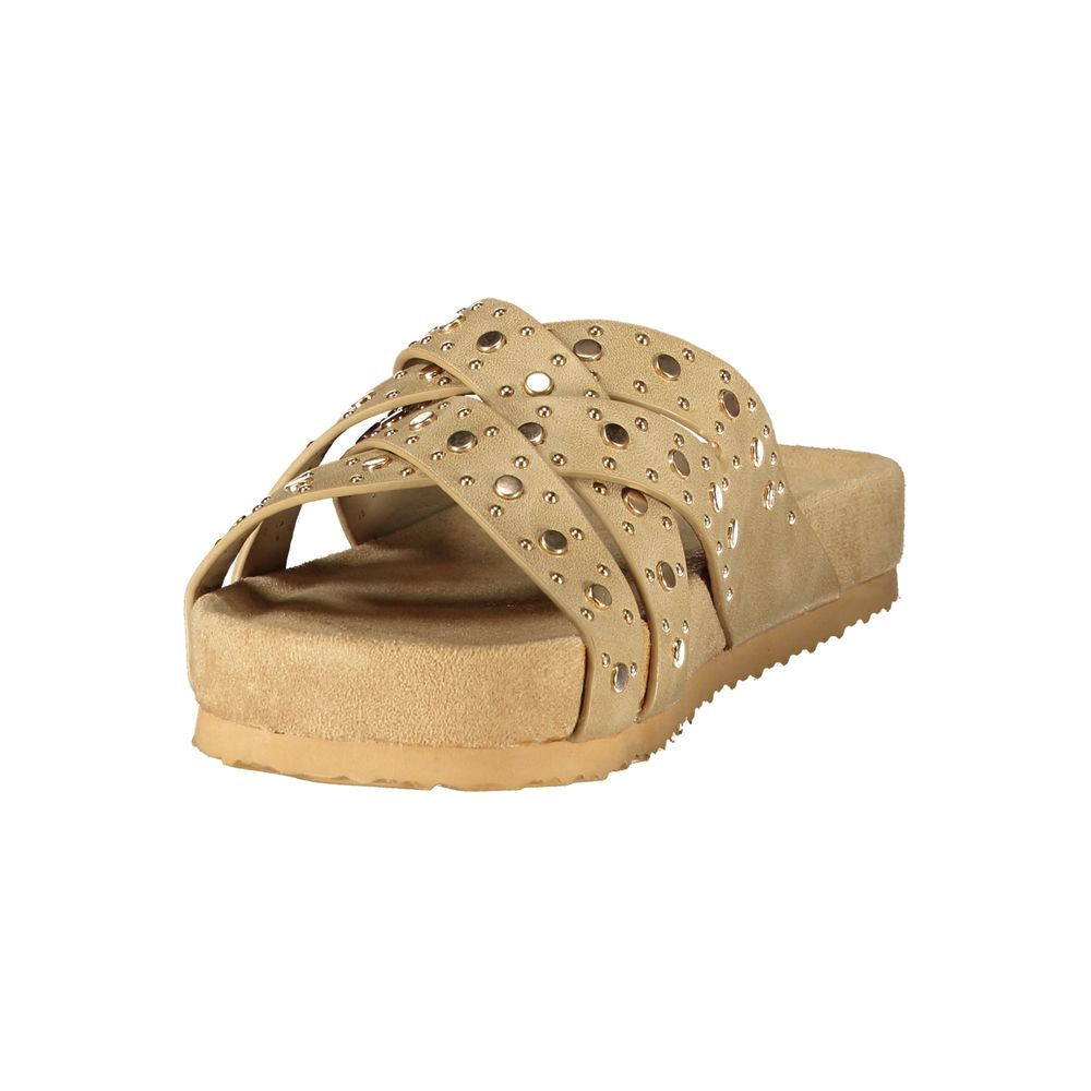 Flat Sandals by Laura Biagiotti for women in polyester & polyurethane beige presents a sculptural silhouette, showcasing the Aren Women's Polyester & Polyurethane Flat Sandals design with a sculptural flat and for a premium look.