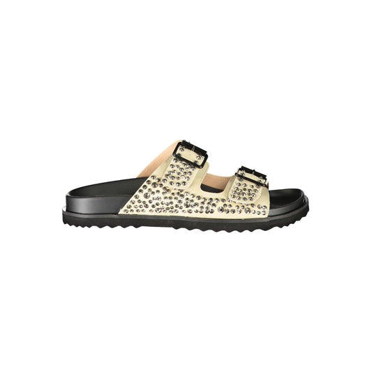 Flat Slider Sandals by Laura Biagiotti for women in polyurethane & rhinestone beige presents a sculptural silhouette, showcasing the Women's Polyurethane & Rhinestone Flat Slider Sandals design with a sculptural flat and for a premium look.