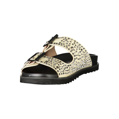 Flat Slider Sandals by Laura Biagiotti for women in polyurethane & rhinestone and beige presents a sculptural silhouette, showcasing the signature style of the Women's Polyurethane & Rhinestone Flat Slider Sandals with a sculptural flat and sculptural .