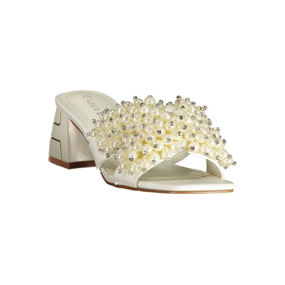 Mid-Heel Sandals by Laura Biagiotti for women in polyurethane & rhinestone pearl & white features an architectural silhouette, showcasing the architectural Women's Polyurethane & Rhinestone Mid-Heel Sandals with a 5-cm-heel mid-heel and .