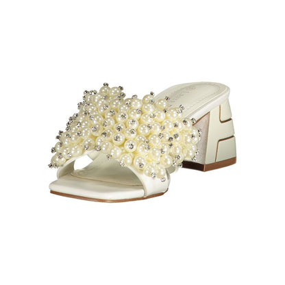 Mid-Heel Sandals by Laura Biagiotti for women in polyurethane & rhinestone pearl & white presents a sculptural silhouette, showcasing the Women's Polyurethane & Rhinestone Mid-Heel Sandals design with a sculptural 5-cm-heel mid-heel and for a premium look.