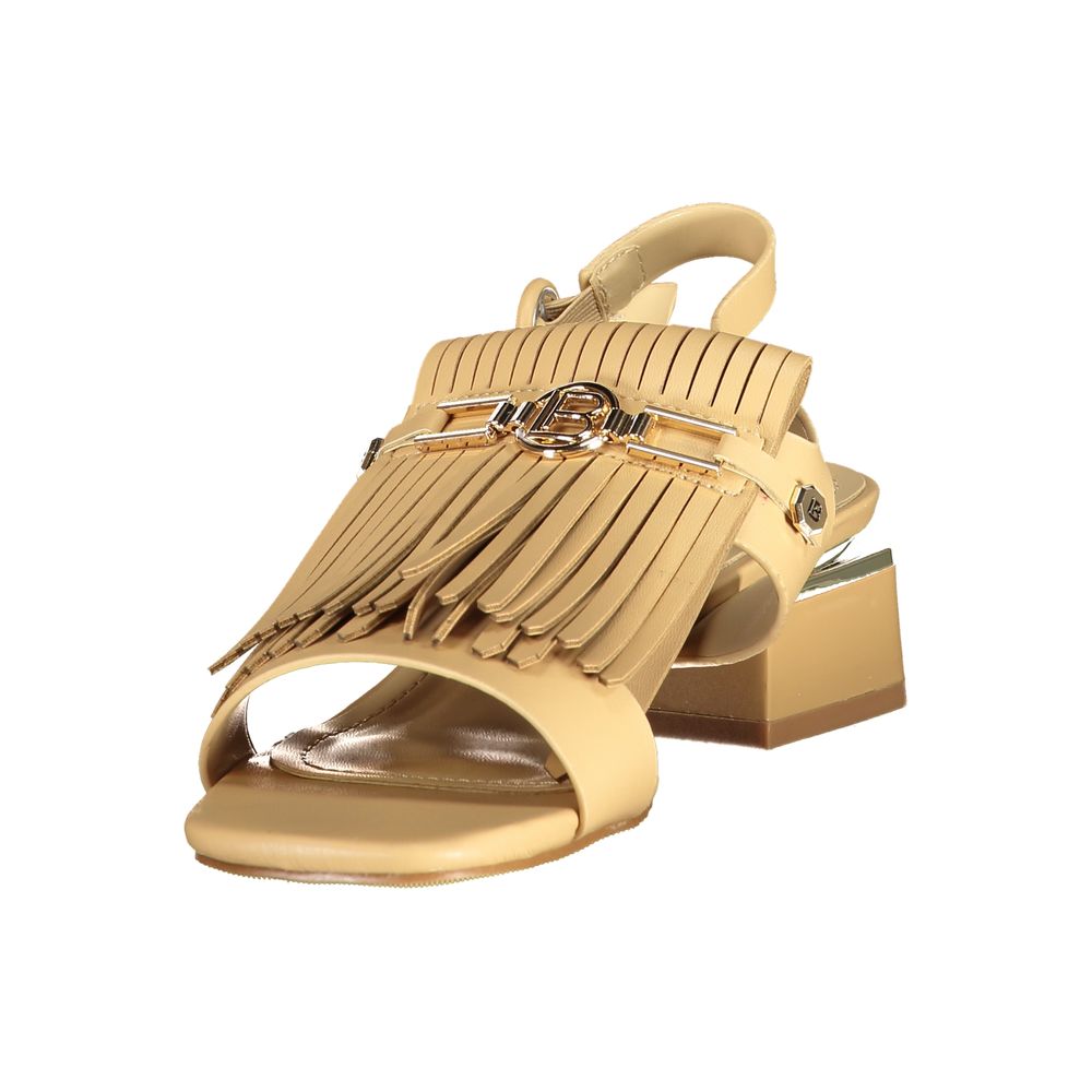 Low-Heel Ankle Strap Sandals by Laura Biagiotti for women in polyurethane beige features an architectural silhouette, showcasing the architectural Women's Polyurethane Low-Heel Ankle Strap Sandals with a 3-cm-heel low-heel and .