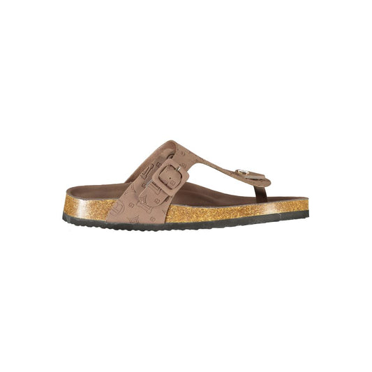 Flat Flip-Flop Sandals by Laura Biagiotti for women in polyurethane brown presents a sculptural silhouette, showcasing the Women's Polyurethane Flat Flip-Flop Sandals design with a sculptural flat and for a premium look.