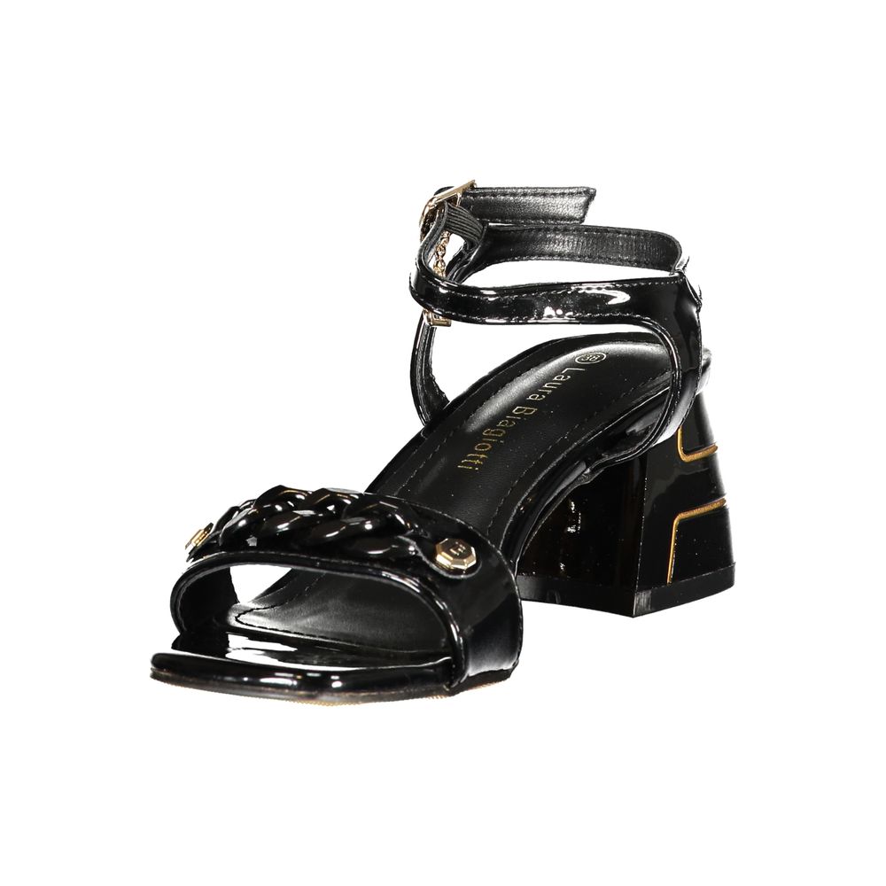 Mid-Heel Ankle Strap Sandals by Laura Biagiotti for women in polyurethane and black presents a sculptural silhouette, showcasing the signature style of the Women's Polyurethane Mid-Heel Ankle Strap Sandals with a sculptural 5-cm-heel mid-heel and sculptural .