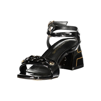 Mid-Heel Ankle Strap Sandals by Laura Biagiotti for women in polyurethane and black presents a sculptural silhouette, showcasing the signature style of the Women's Polyurethane Mid-Heel Ankle Strap Sandals with a sculptural 5-cm-heel mid-heel and sculptural .