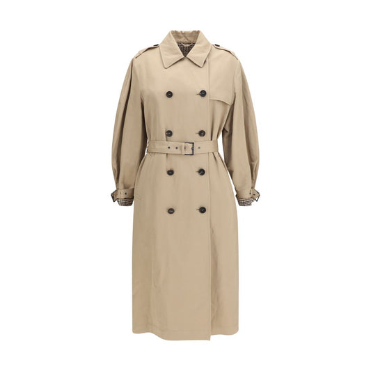 Trench Coat by Brunello Cucinelli for women in linen & cotton beige & patterned features an dramatic silhouette, perfectly showcasing the elegant and sophisticated for a truly dramatic aesthetic.