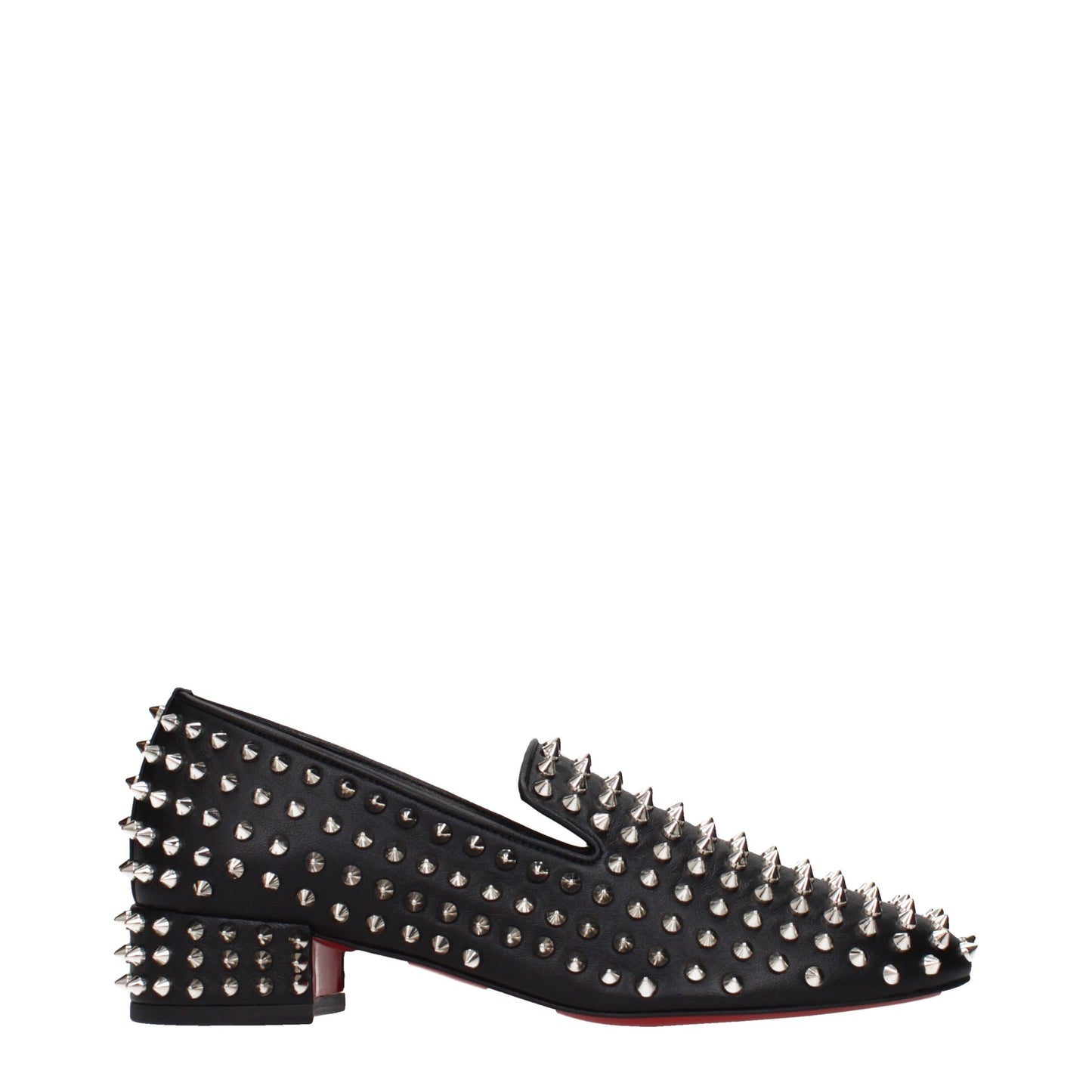 Flat Loafer Slip-On Pumps Shoes by Christian Louboutin for women in leather black showcases a impeccable silhouette as Women's Leather Flat Loafer Slip-On Pumps Shoes, artfully designed with a impeccable flat and refined for a impeccable finish.