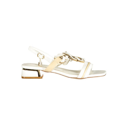 Low-Heel Ankle Strap Sandals by Laura Biagiotti for women in polyurethane white presents a sculptural silhouette, showcasing the Women's Polyurethane Low-Heel Ankle Strap Sandals design with a sculptural 2-cm-heel low-heel and for a premium look.