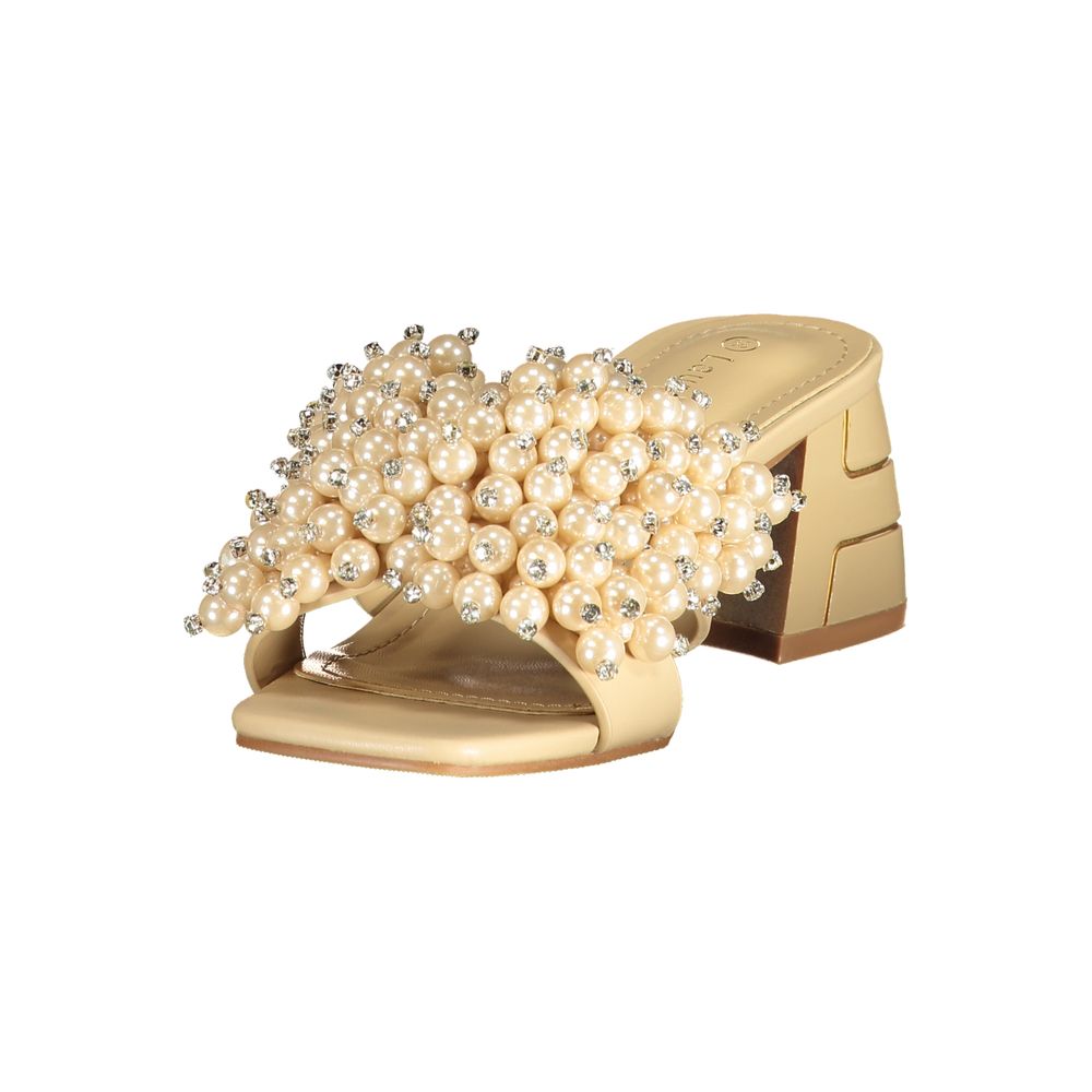 Mid-Heel Sandals by Laura Biagiotti for women in polyurethane & rhinestone beige & pearl features an architectural silhouette, showcasing the architectural Women's Polyurethane & Rhinestone Mid-Heel Sandals with a 5-cm-heel mid-heel and .