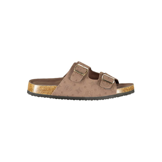 Sliders Sandals Flat Shoes by Laura Biagiotti for women in polyurethane brown & signature showcases a sculptural silhouette as part of the Women's Polyurethane Sliders Sandals Flat Shoes collection, defined by a sculptural and for a sculptural look.