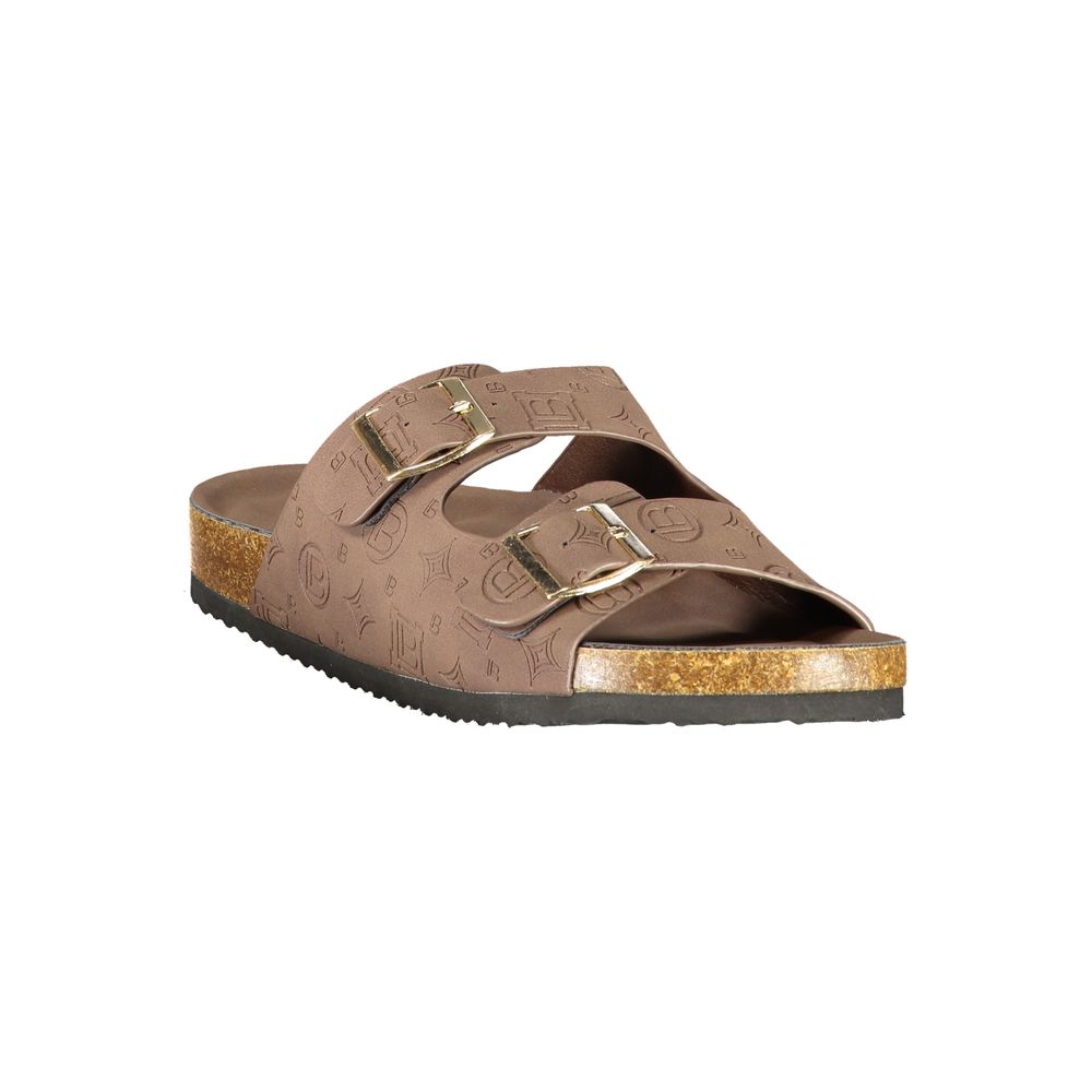 Sliders Sandals Flat Shoes by Laura Biagiotti for women in polyurethane brown & signature showcases a statuesque Women's Polyurethane Sliders Sandals Flat Shoes aesthetic with a and .