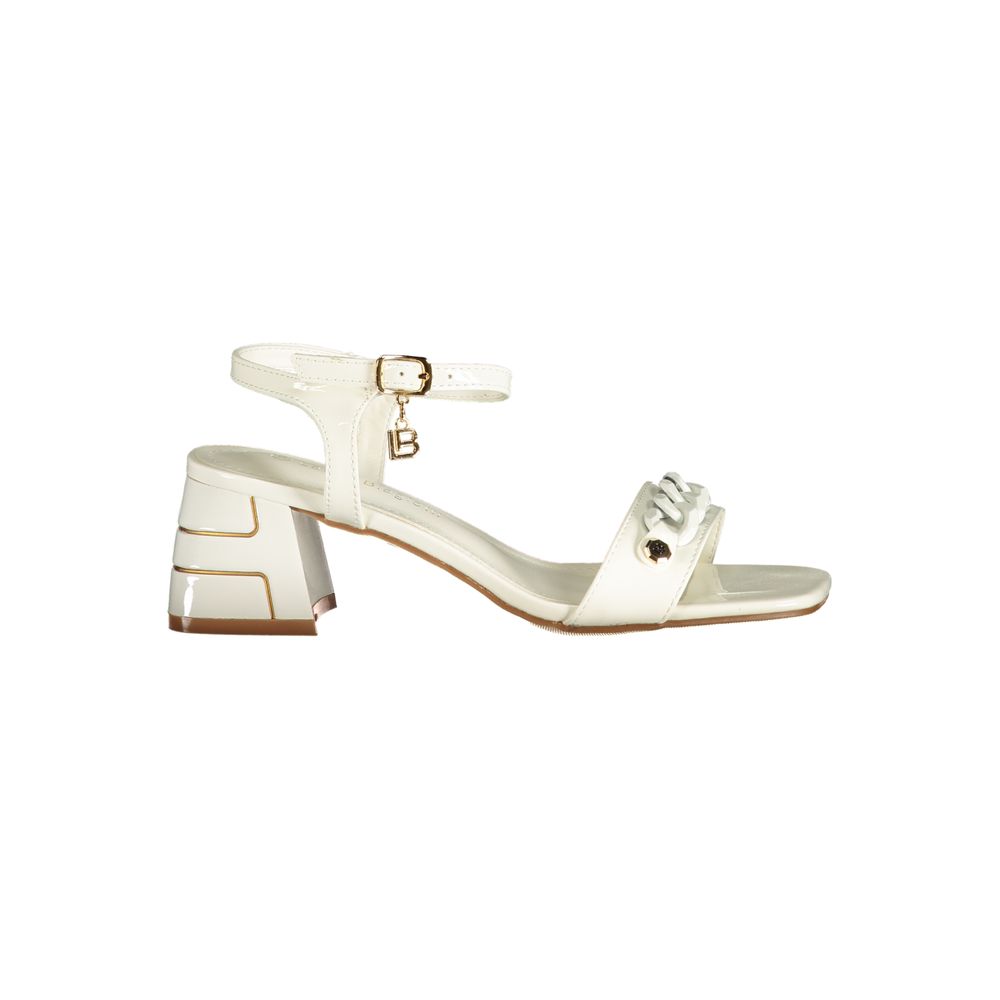Mid-Heel Sandals by Laura Biagiotti for women in polyurethane white presents a sculptural silhouette, showcasing the Women's Polyurethane Mid-Heel Sandals design with a sculptural 5-cm-heel mid-heel and for a premium look.