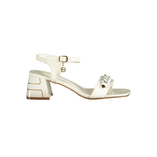 Mid-Heel Sandals by Laura Biagiotti for women in polyurethane white presents a sculptural silhouette, showcasing the Women's Polyurethane Mid-Heel Sandals design with a sculptural 5-cm-heel mid-heel and for a premium look.