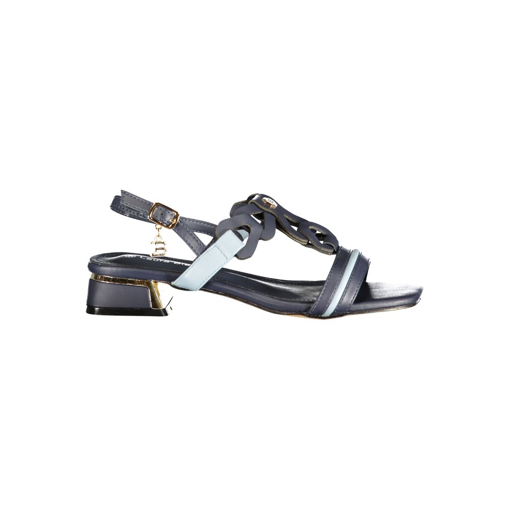 Low-Heel Ankle Strap Sandals by Laura Biagiotti for women in polyurethane and blue presents a sculptural silhouette, showcasing the signature style of the Essence Women's Polyurethane Low-Heel Ankle Strap Sandals with a sculptural 2-cm-heel low-heel and sculptural .