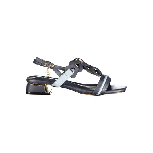 Low-Heel Ankle Strap Sandals by Laura Biagiotti for women in polyurethane and blue presents a sculptural silhouette, showcasing the signature style of the Essence Women's Polyurethane Low-Heel Ankle Strap Sandals with a sculptural 2-cm-heel low-heel and sculptural .