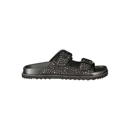 Flat Sandals by Laura Biagiotti for women in polyurethane & rhinestone and black presents a sculptural silhouette, showcasing the signature style of the Women's Polyurethane & Rhinestone Flat Sandals with a sculptural flat and sculptural .