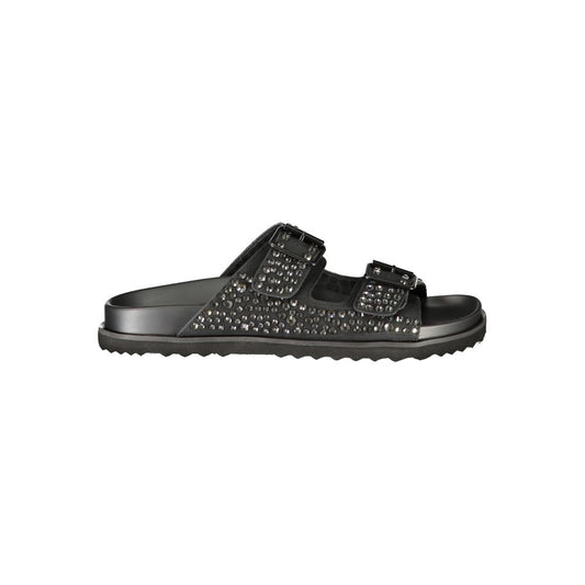 Flat Sandals by Laura Biagiotti for women in polyurethane & rhinestone and black presents a sculptural silhouette, showcasing the signature style of the Women's Polyurethane & Rhinestone Flat Sandals with a sculptural flat and sculptural .